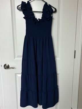 Hill House Navy Blue Ruffled Strap Midi Dress